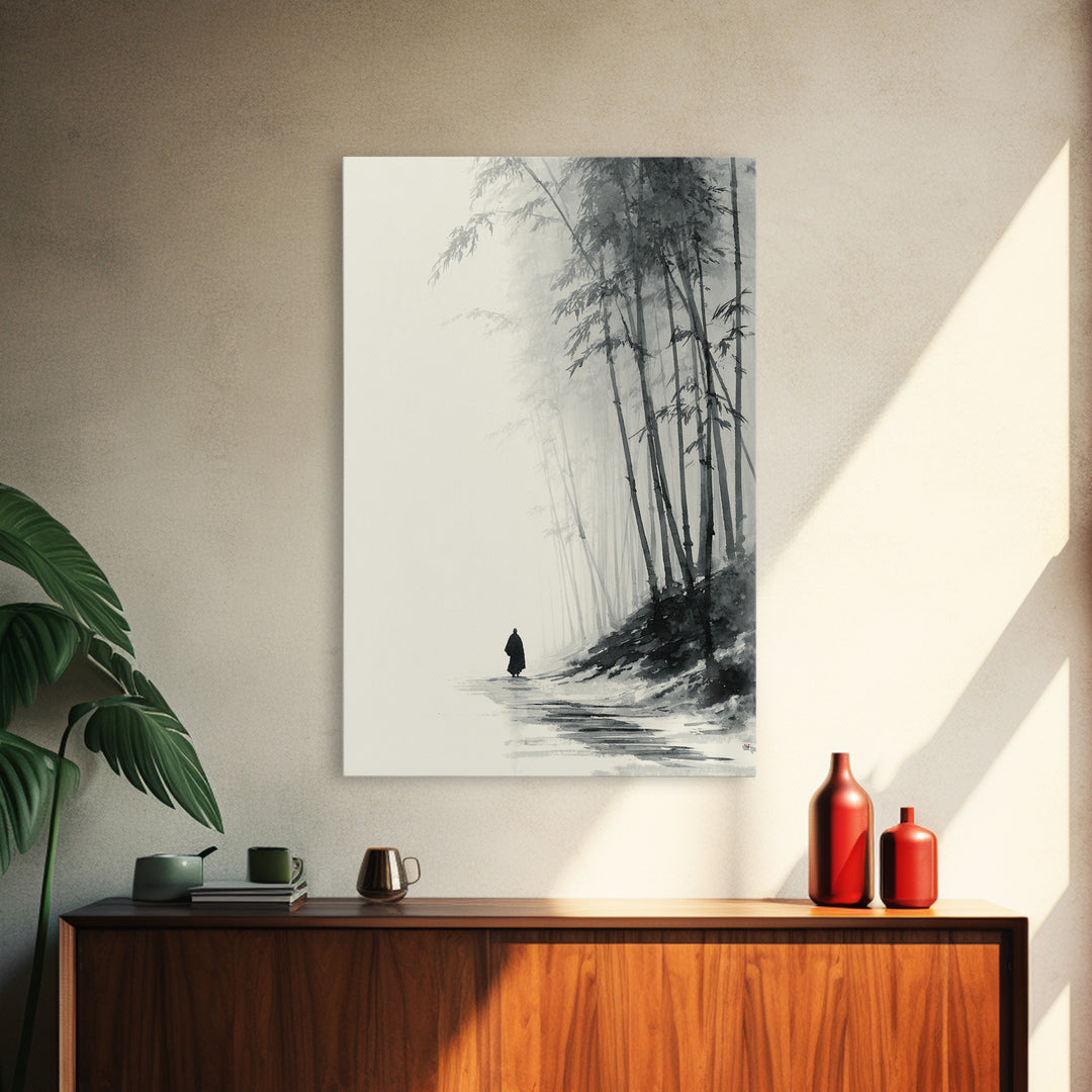 Minimalist Black And White Monochrome Painting Monk Walking In Bamboo Forest Wall Art Framed Canvas Print