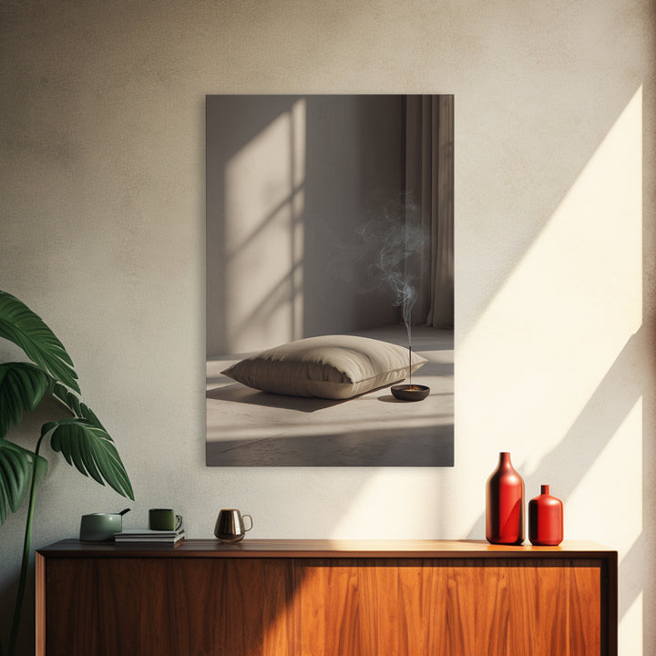 Minimalist Cozy Room With Soft Pillow And Burning Incense Stick Canvas Print Modern Wall Art For Bedroom Decor
