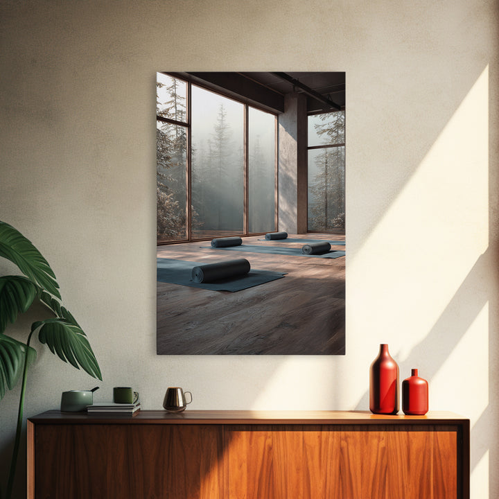 Tranquil Yoga Studio With Mountain View And Natural Light Wall Art Framed Canvas Print For Fitness And Wellness Spaces