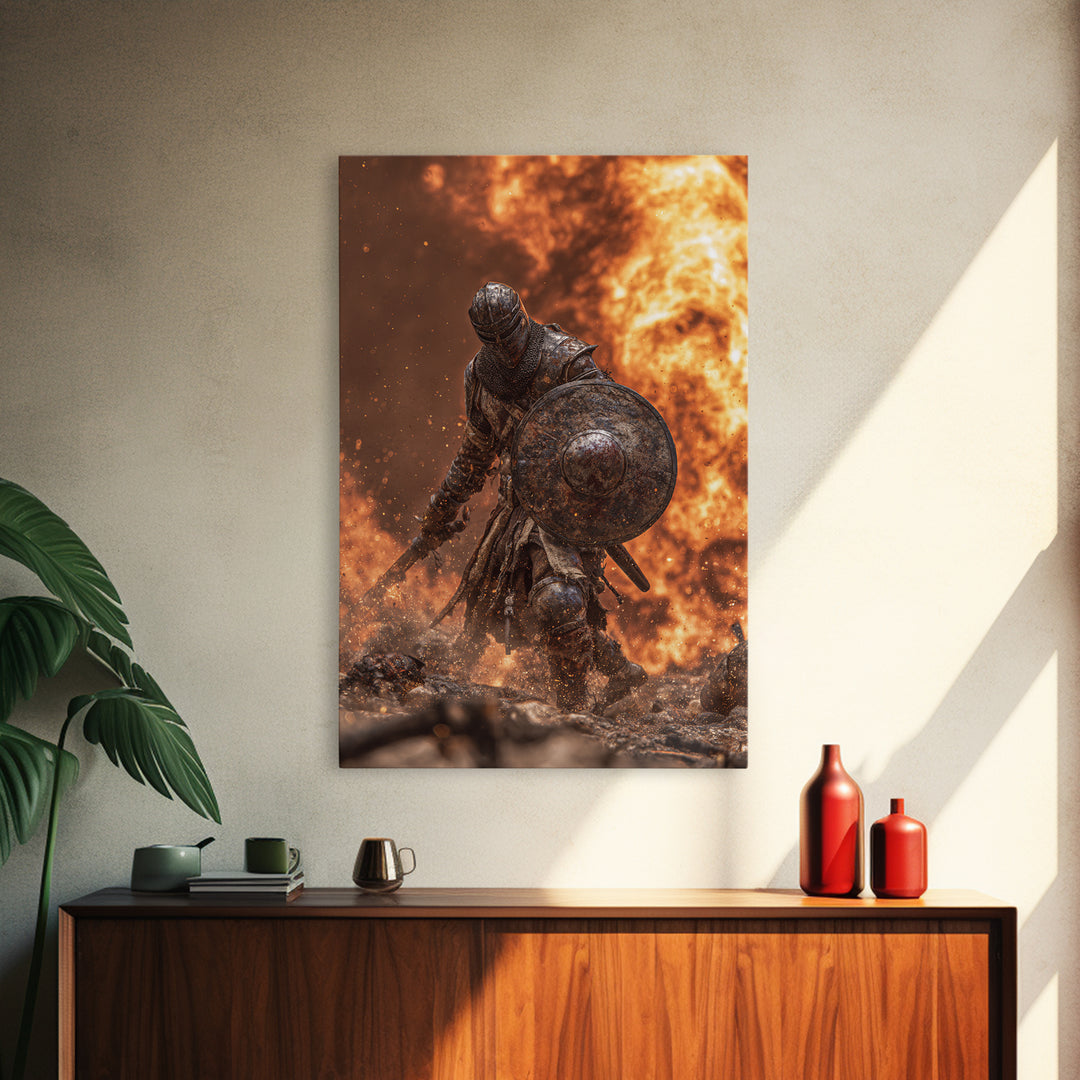 Armored Knight In Fiery Battle Framed Canvas Print, Dark Fantasy Wall Art, Medieval Warrior Decor, Gaming Room Gift For Him
