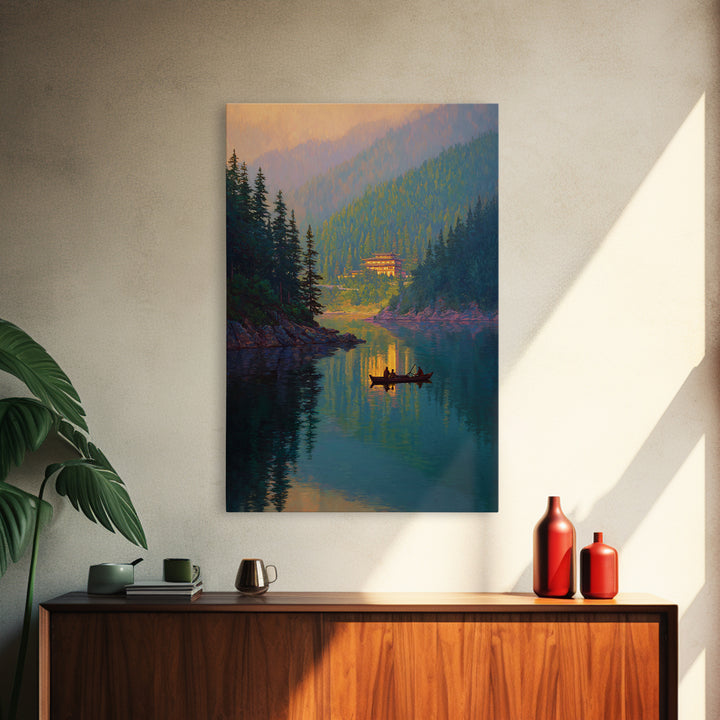 Serene Mountain Lake Landscape With Canoe Reflection Wall Art For Living Room Decor