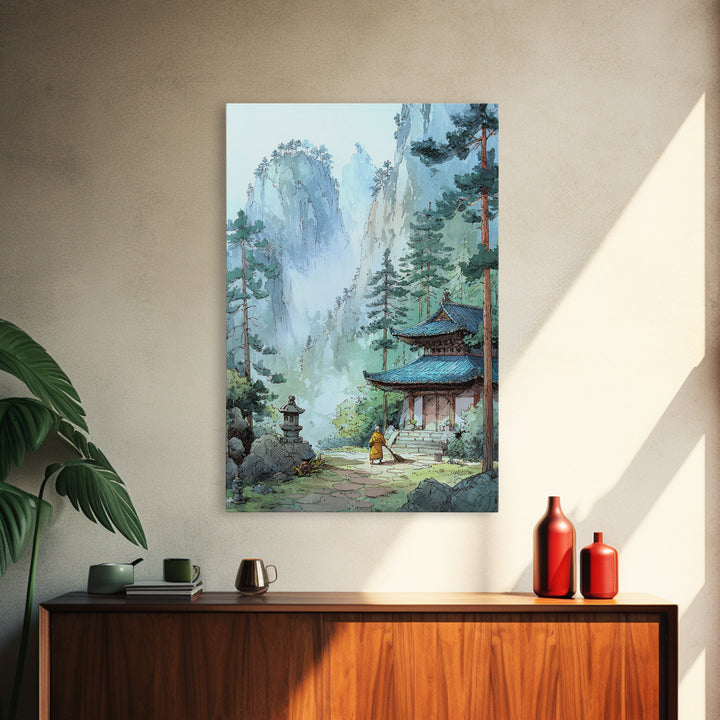 Serene Asian Temple Landscape With Misty Mountains And Lush Trees Wall Art Framed Canvas Print For Home Decor