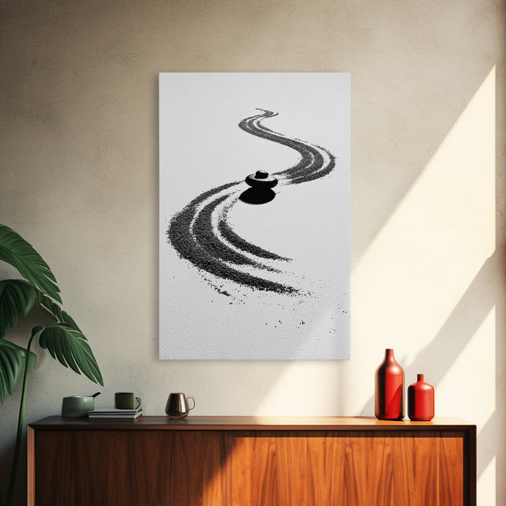 Zen Inspired Minimalist Sand And Stone Artwork Black And White Canvas Print For Modern Meditation Room Wall Art