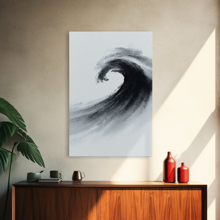 Black And White Ink Style Wave Abstract Art Minimalist Wall Art Print For Modern Office Decor Framed Canvas Print