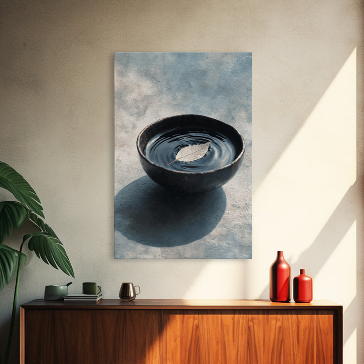 Minimalist Zen Black Bowl With Leaf Floating On Water Ripple Texture Wall Art Framed Canvas Print For Peaceful Home Decor