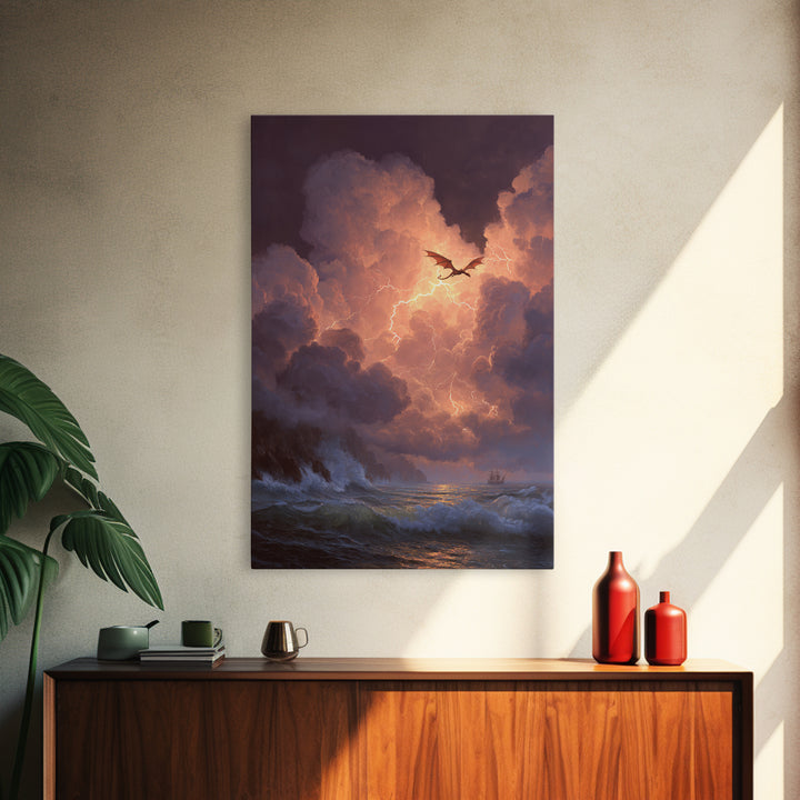 Storm Dragon Over Lightning Seas Wall Art Fantasy Seascape Canvas Print For Gothic Decor Dragon Art And Moody Coastal Room