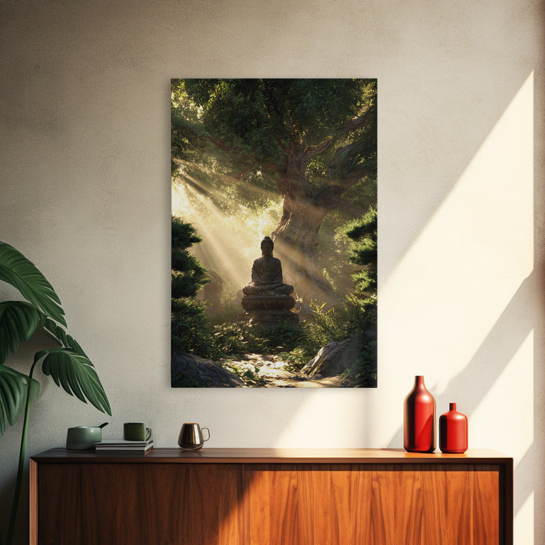 Buddha Statue Meditation Nature Sunbeams Forest Wall Art Canvas Print For Spiritual Home Decor Framed Art