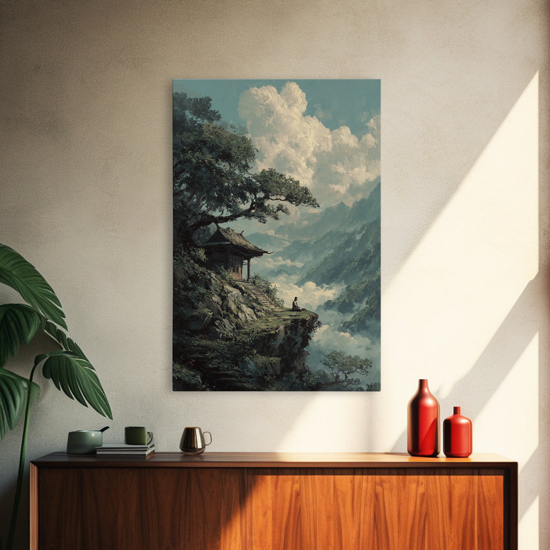 Tranquil Mountain Meditation Scene With Zen Garden Framed Canvas Print For Spiritual And Modern Home Wall Art Decor
