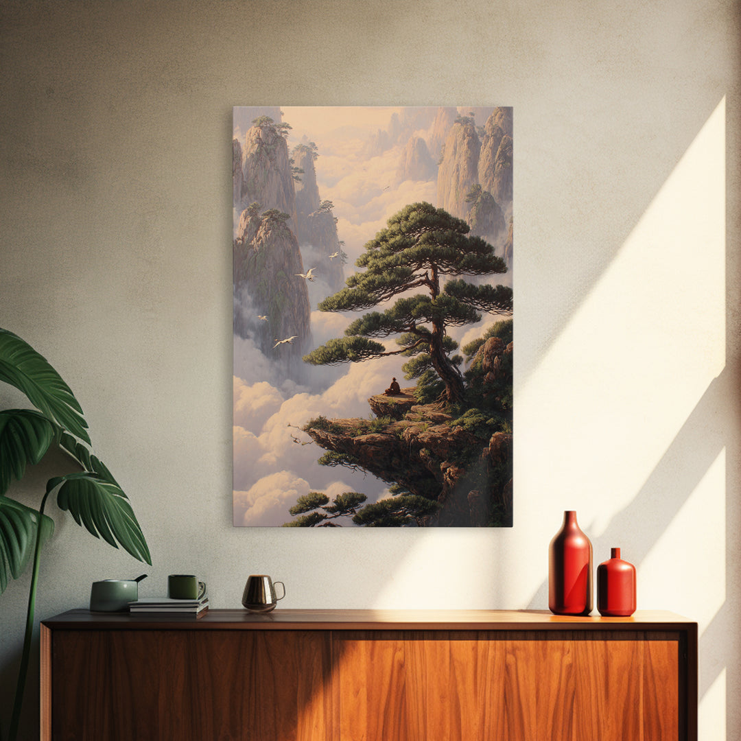 Meditative Man On Cliff Surrounded By Pines And Birds In Misty Mountains Wall Art Print For Tranquil Home Decor