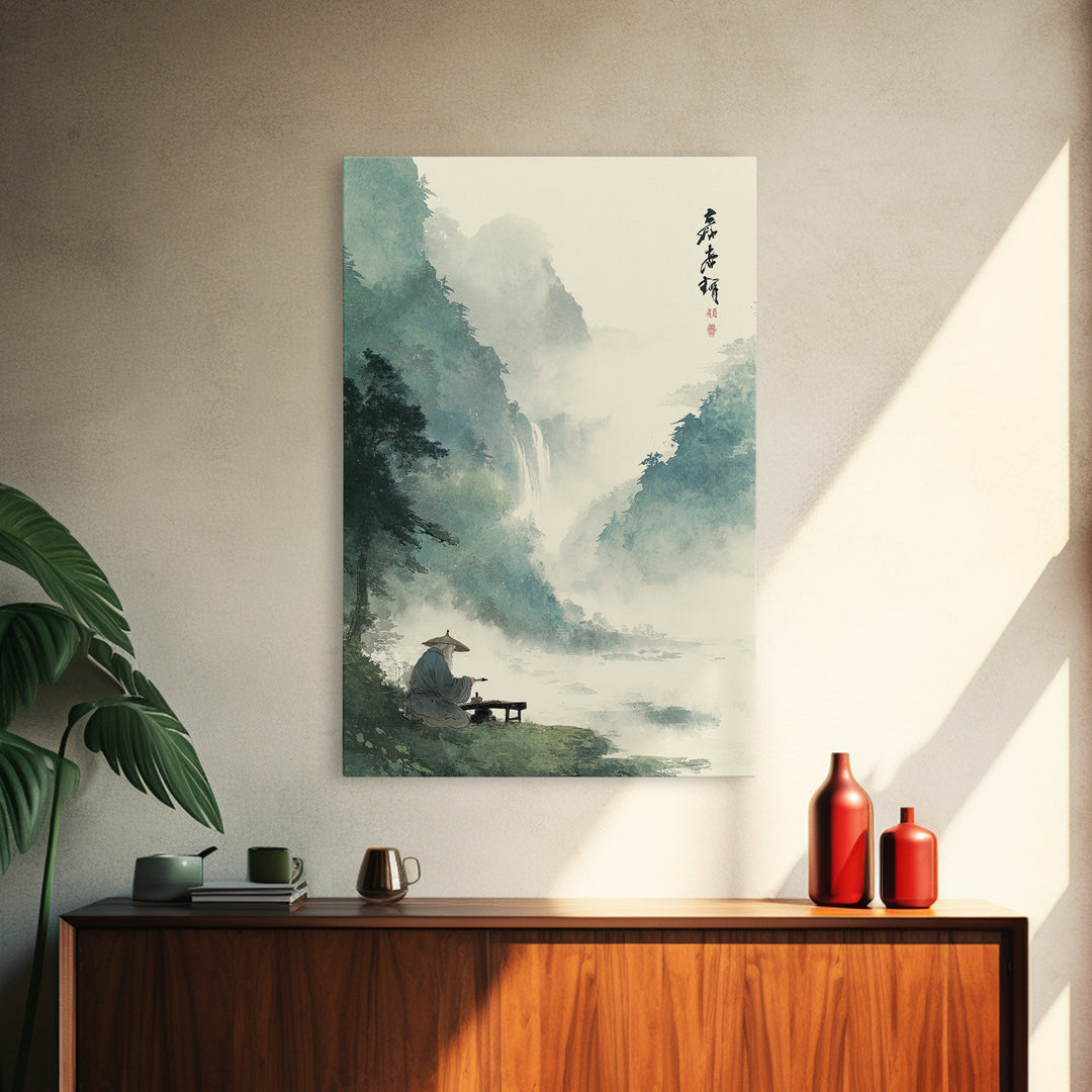 Tranquil Mountain Stream Landscape Scene Oil Painting Wall Art Canvas Print For Rustic Farmhouse Living Room Decor