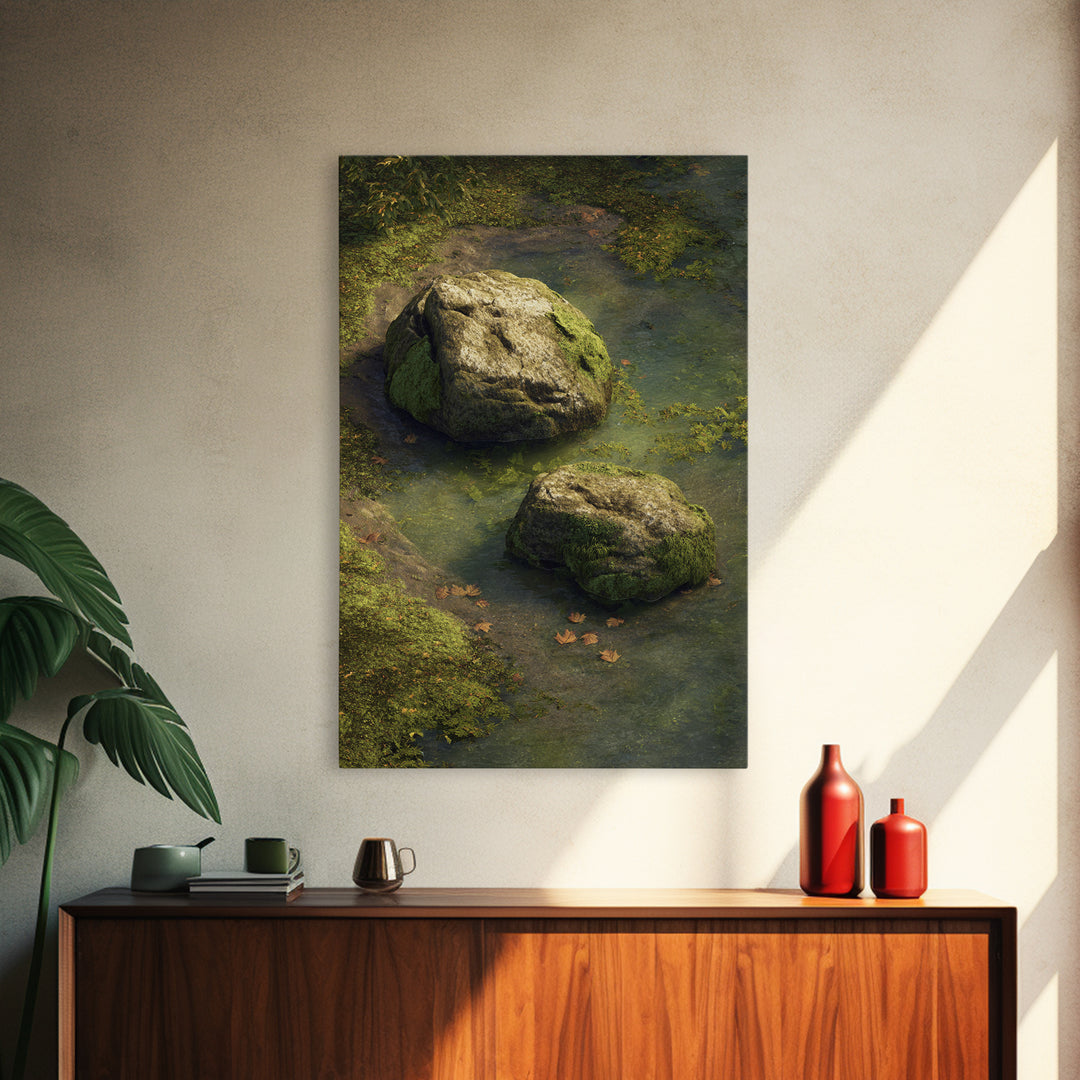 Peaceful Moss Covered Rocks In Quiet Woodland Stream Nature Wall Art Canvas Print For Calming Home Decor