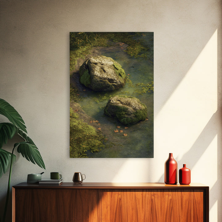 Peaceful Moss Covered Rocks In Quiet Woodland Stream Nature Wall Art Canvas Print For Calming Home Decor