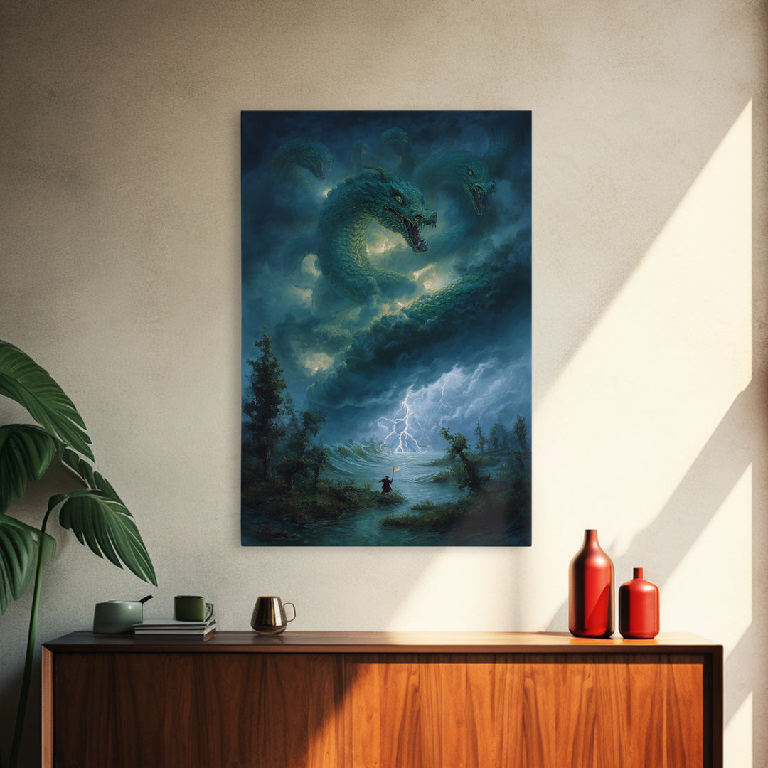 Three Headed Sea Hydra Storm Wall Art Fantasy Dragon Canvas Print For Gothic Decor Mythical Creature And Moody Office Art