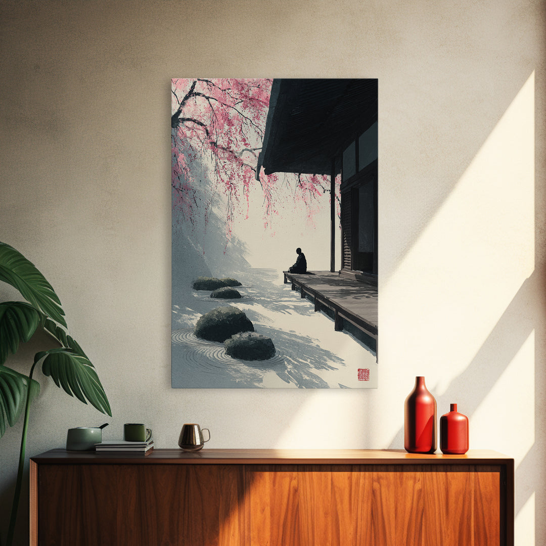 Zen Garden With Meditating Figure And Sakura Blossoms Tranquil Wall Art Framed Canvas Print