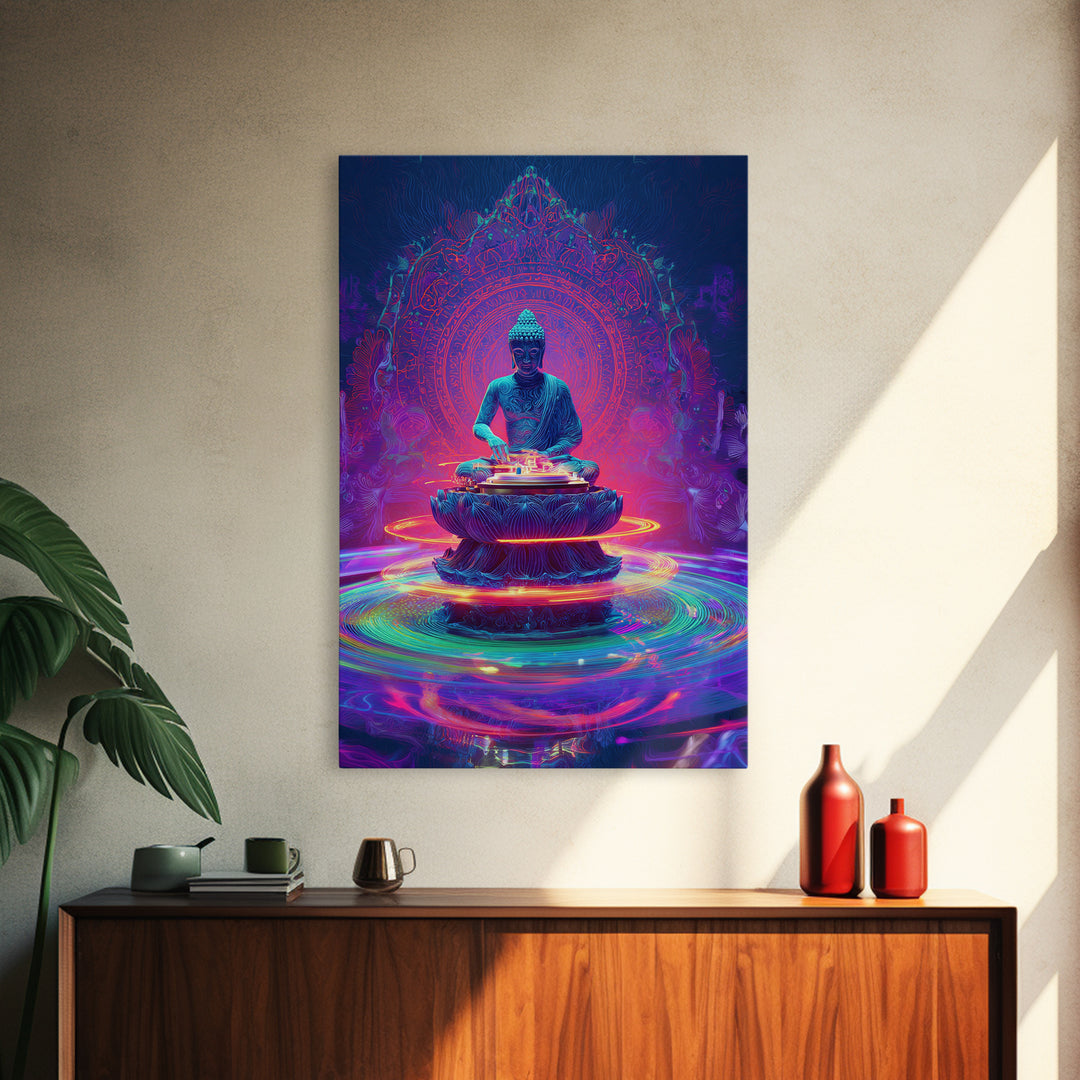 Vibrant Neon Buddha With Sacred Mandala And Energy Rings Wall Art Print Framed Canvas Print Spiritual Home Decor