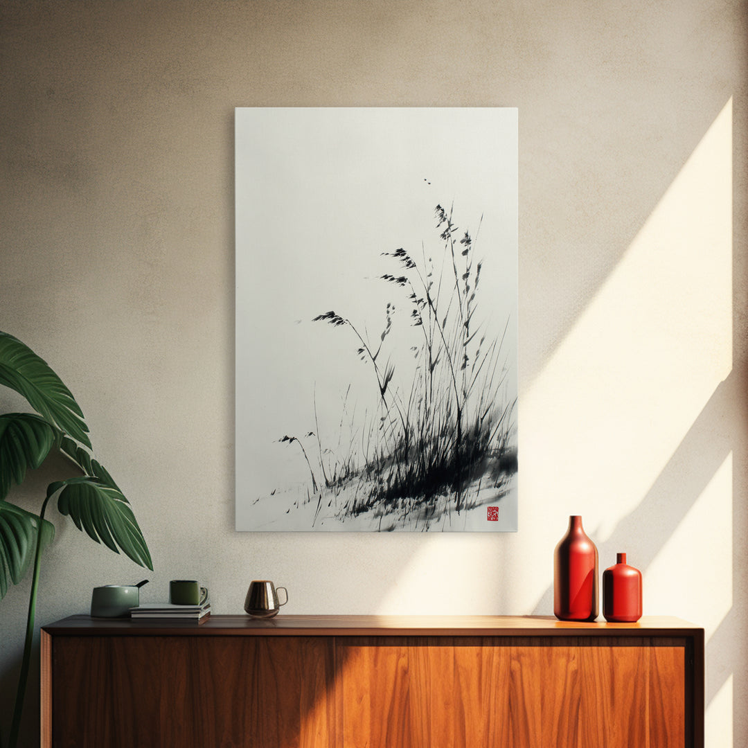 Elegant Black And White Ink Painting Of Windblown Grass Minimalist Wall Art Framed Canvas Print Natural Home Decor