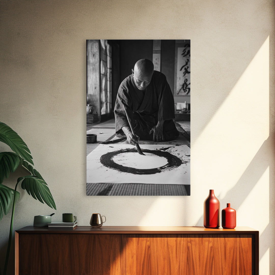 Black And White Fine Art Photography Of Japanese Calligraphy Artist Painting Circle Wall Art Framed Canvas Print