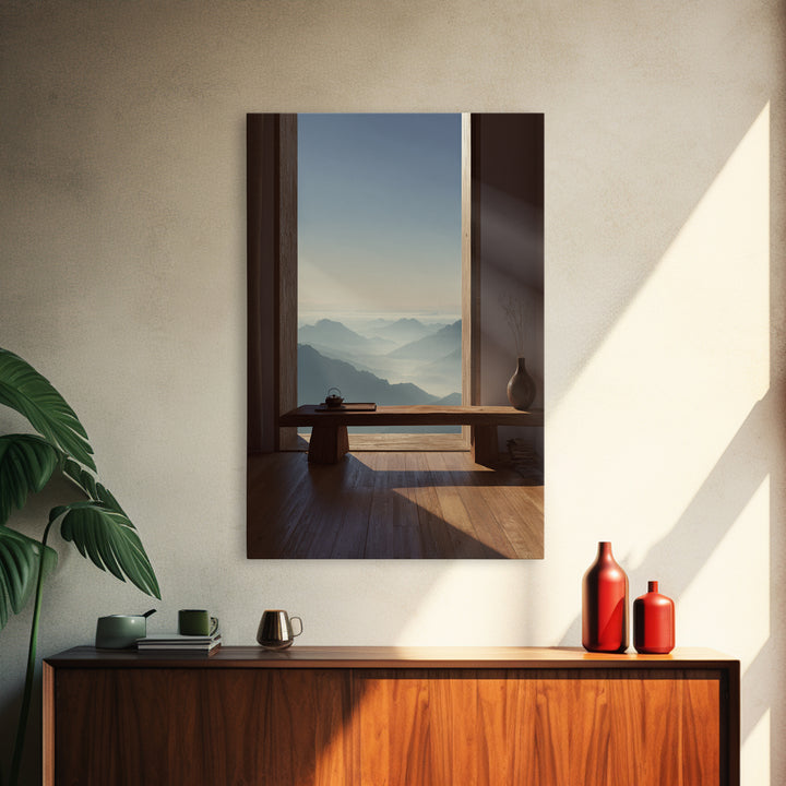 Serene Mountain Landscape from Window View Wall Art Canvas Print for Calm Minimalist Home and Office Decor