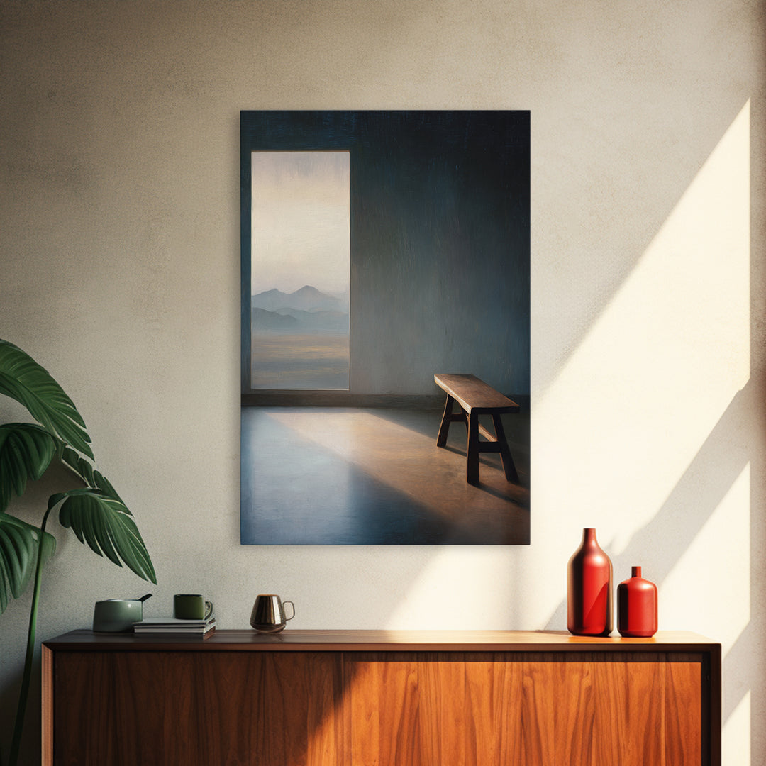 Peaceful Empty Room With Wooden Bench And Mountain View Window Oil Painting Wall Art Print Canvas Print For Minimalist Home Decor