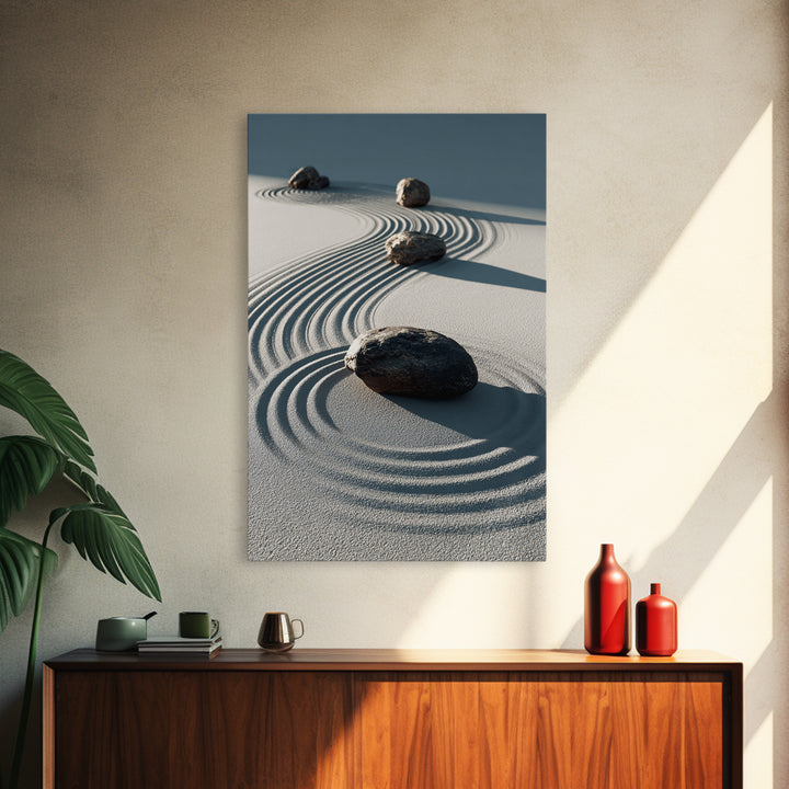 Calming Japanese Zen Garden With Rocks And Sand Minimalist Wall Art Modern Canvas Print