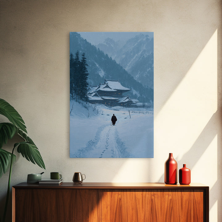 Serene Japanese Winter Landscape With Snow Covered Temple And Monk Pathway Wall Art Canvas Print For Home Decor
