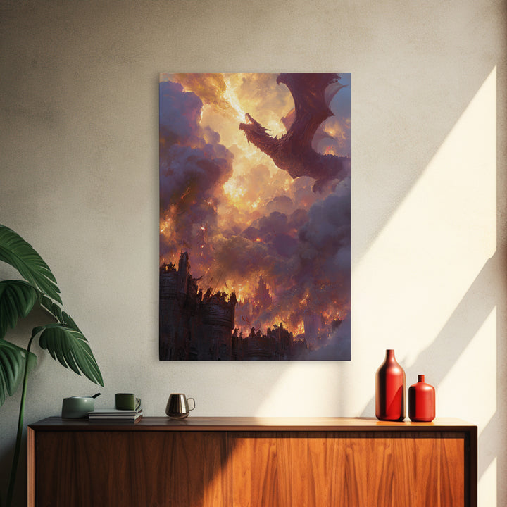 Red Dragon Above Burning Castle Wall Art Epic Fantasy Canvas Print For Gothic Decor Medieval Battle Art And Game Room Wall Decor