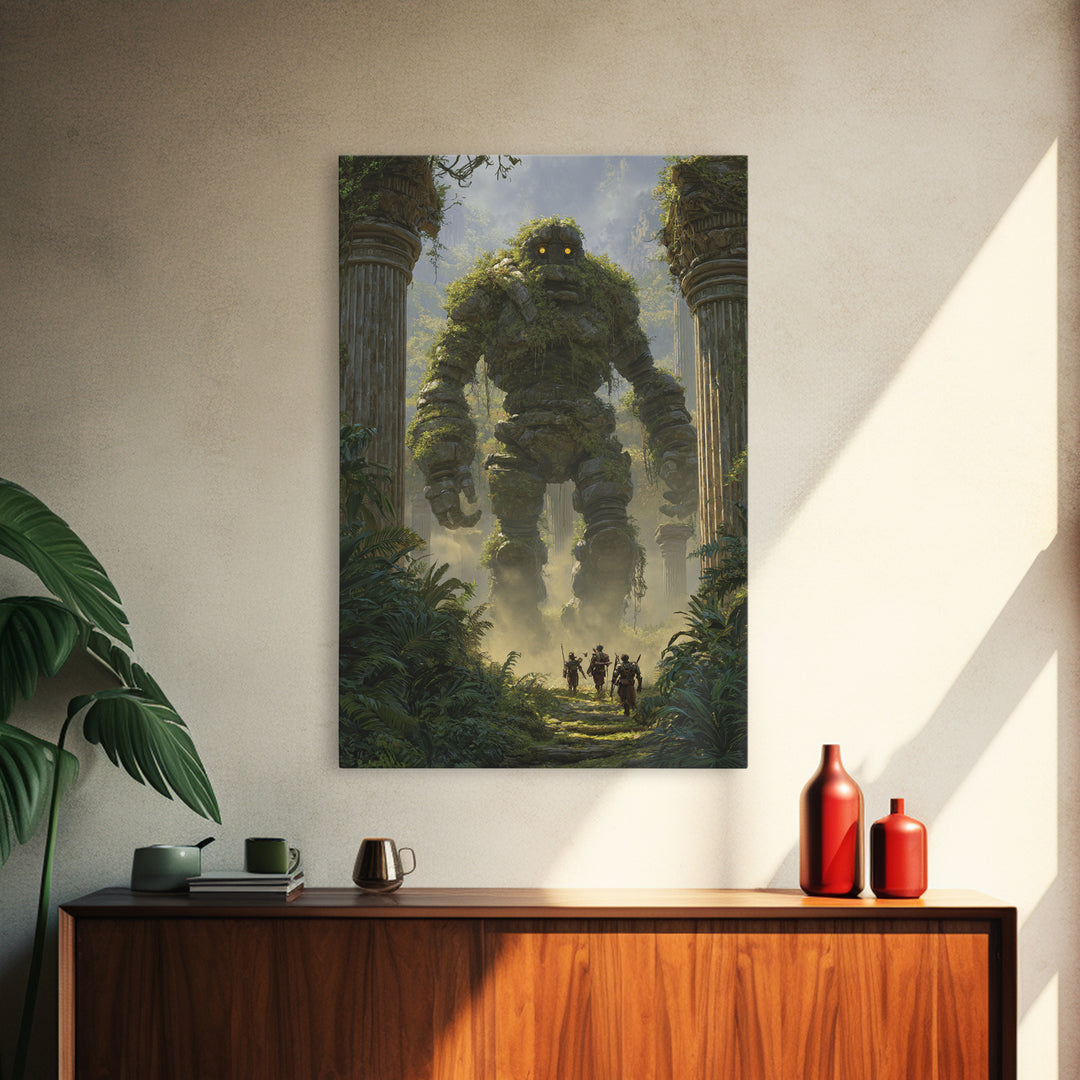 Moss Covered Stone Golem In Jungle Ruins Wall Art Fantasy Canvas Print For Nature Decor Adventure Art And Kids Room Wall Decor
