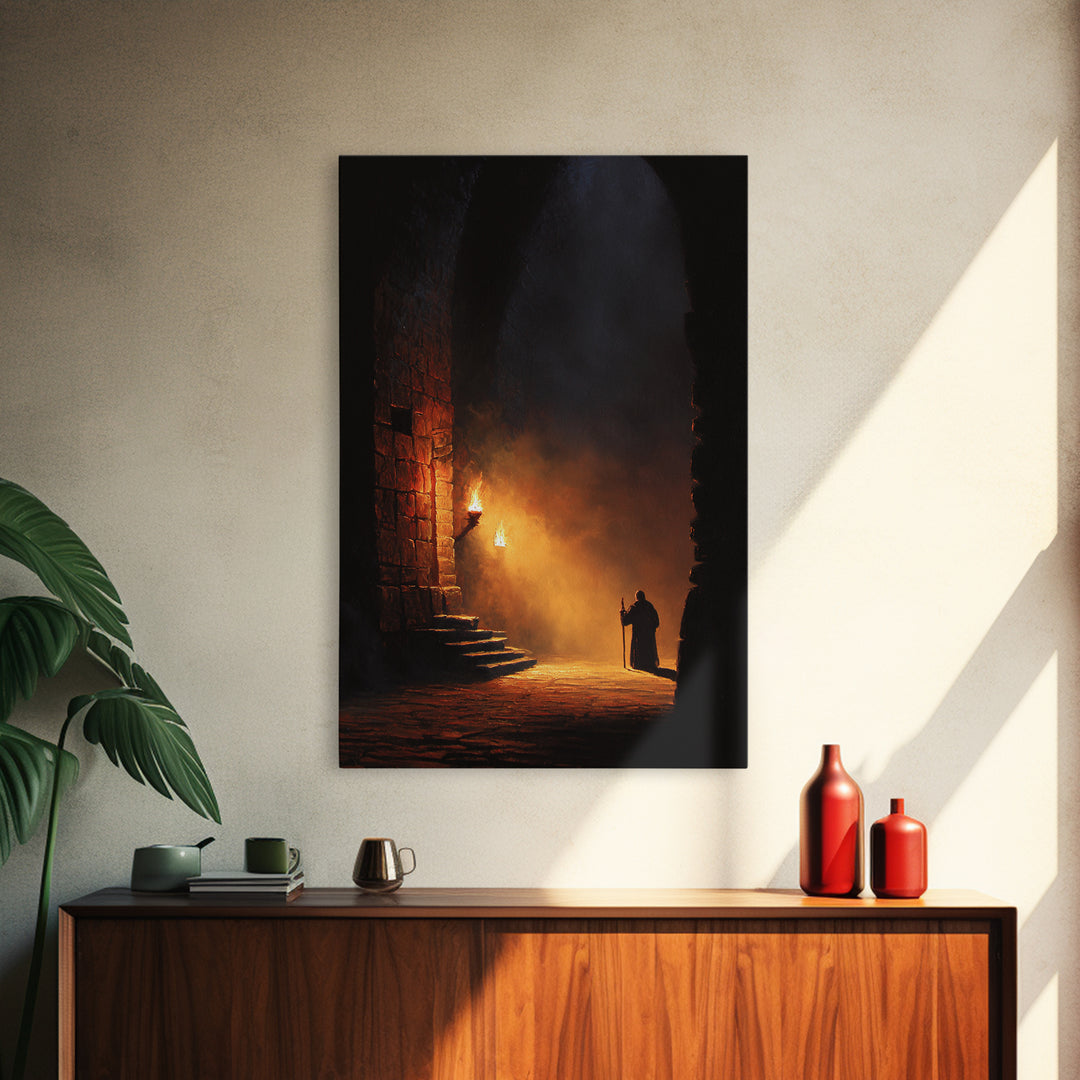 Torchlit Monk In Ancient Stone Arch Wall Art Dark Academia Canvas Print For Gothic Decor Medieval Hallway Art And Office
