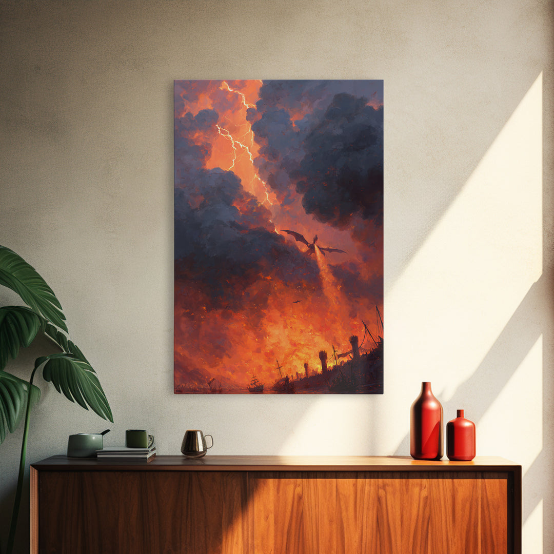 Fire Breathing Dragon Over Burning Battlefield Wall Art Epic Fantasy Canvas Print For Medieval Decor Gothic Game Room Wall Decor
