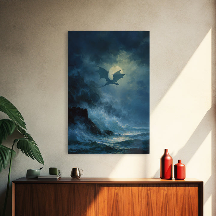 Moonlit Dragon Above Stormy Ocean Wall Art Gothic Seascape Canvas Print For Fantasy Decor Coastal Art And Moody Home Decor Gift For Him
