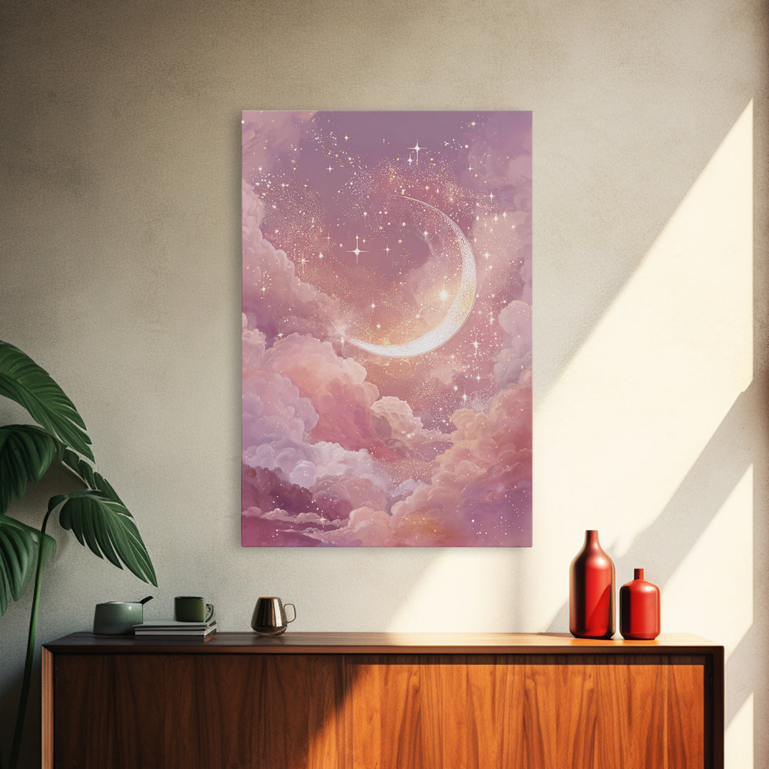 Glowing Crescent Moon Among Pink Clouds Wall Art, Celestial Canvas Print, Dreamy Nursery Decor, Whimsical Bedroom Art, Gift For Her