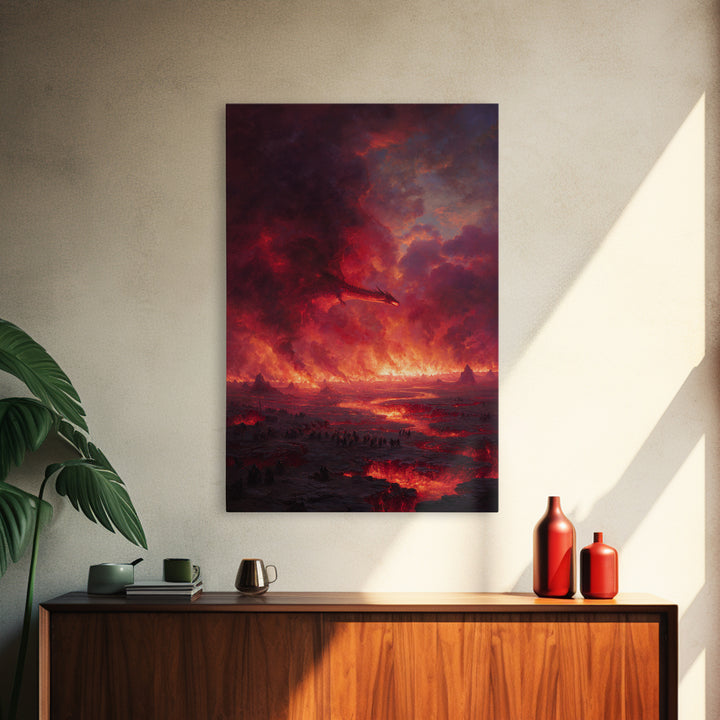 Fiery Dragon Apocalypse Landscape Wall Art, Dark Fantasy Canvas Decor, Gothic Medieval Battle, Large Fantasy Art Print Poster