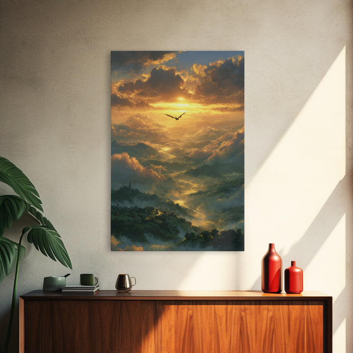 Golden Dragon Above Misty Valley Framed Canvas Print, Fantasy Landscape Wall Decor, Epic Castle Art For Living Room Home Decor