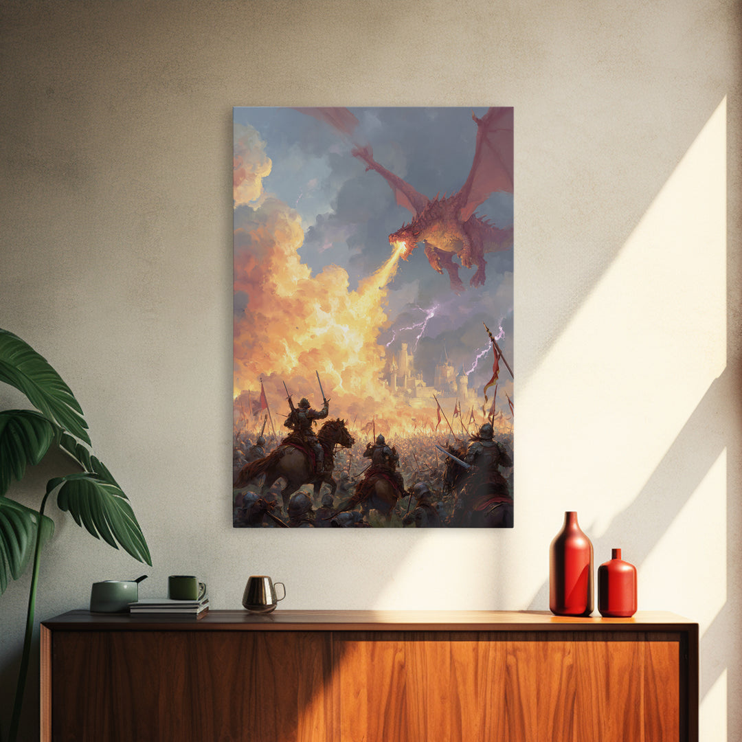 Fire Breathing Dragon Over Medieval Army Wall Art, Epic Fantasy Battle Canvas Decor, Gothic Castle Gift For Him, Man Cave Decor