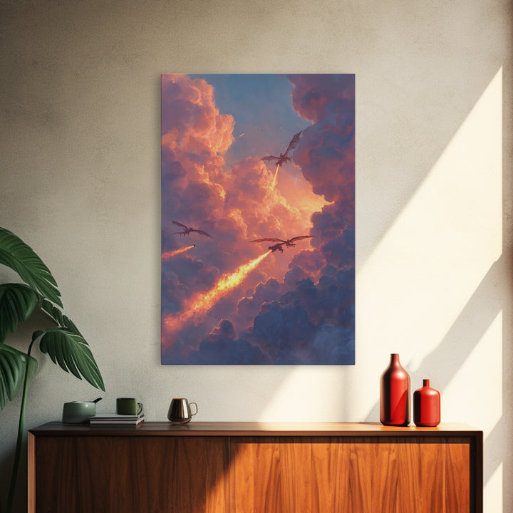 Dragons Breathing Fire Through Sunset Clouds Canvas Print, Fantasy Sky Wall Art, Vibrant Large Statement Living Room Home Decor