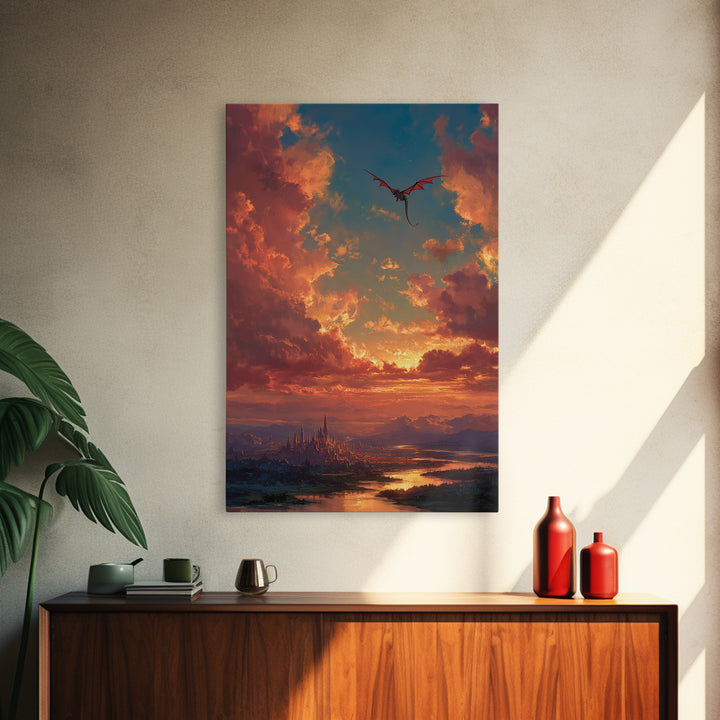 Sunset Dragon Above Spired City Framed Canvas Print, Fantasy Landscape Wall Art, Castle Decor For Living Room, Epic Home Decor