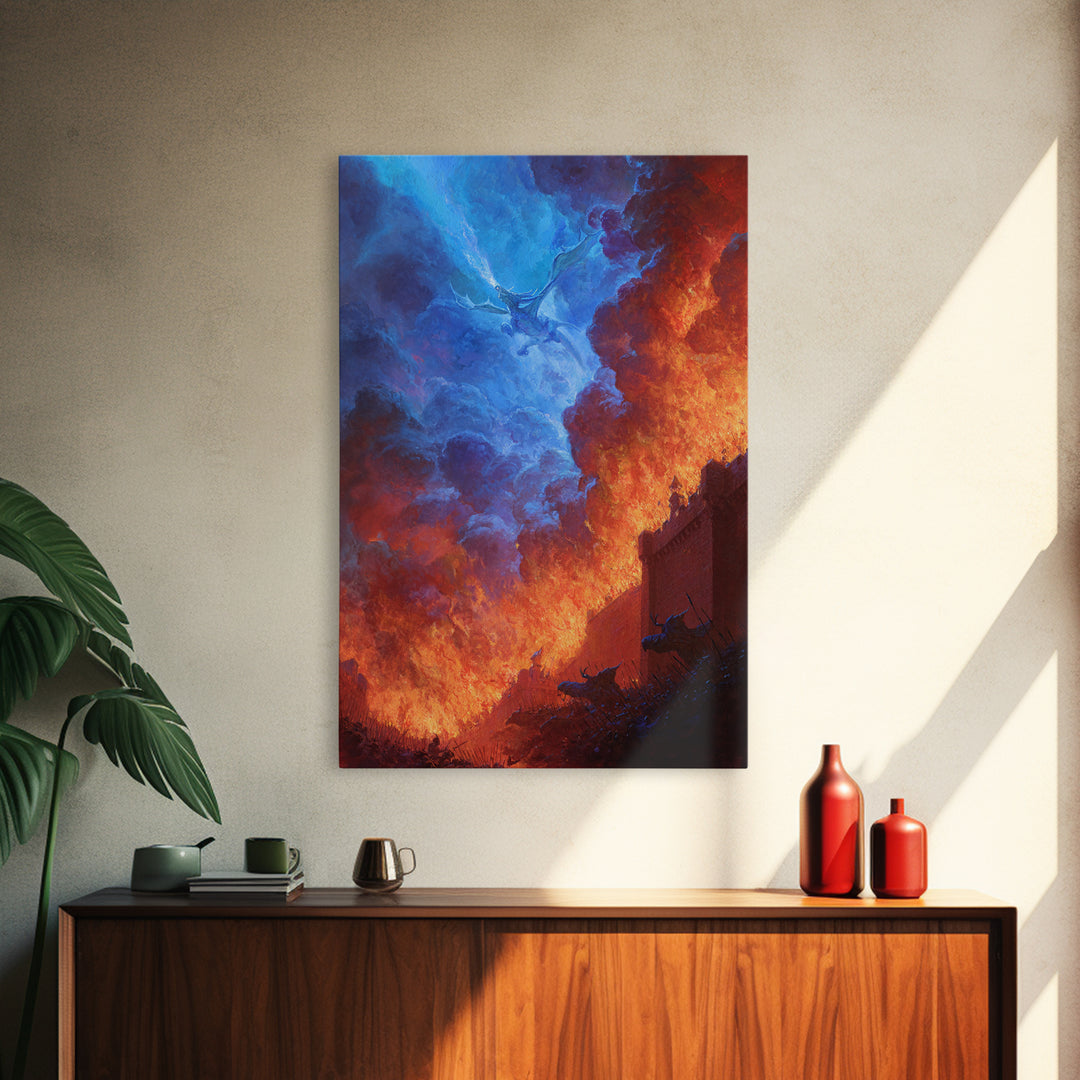 Blue Fire Dragon Siege At Burning Fortress Wall Art, Dark Fantasy Canvas Decor, Gothic Battle Large Art Print Poster For Man Cave