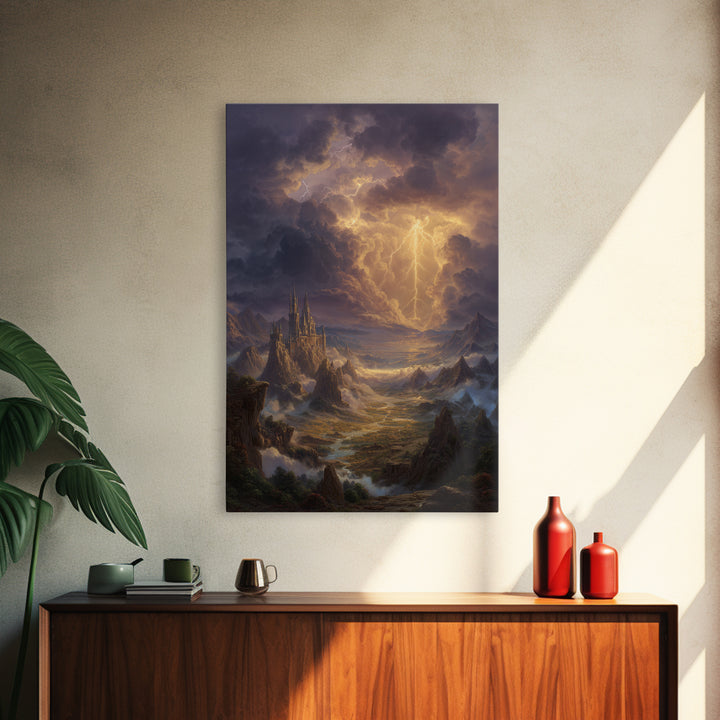 Lightning Storm Over Fantasy Castle Framed Canvas Print, Epic Mountain Landscape Wall Art, Moody Gothic Office Home Decor