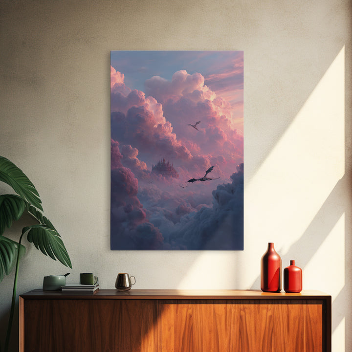 Pink Cloud Castle With Flying Dragons Canvas Print, Dreamy Fantasy Wall Art, Soft Pastel Celestial Nursery And Bedroom Decor