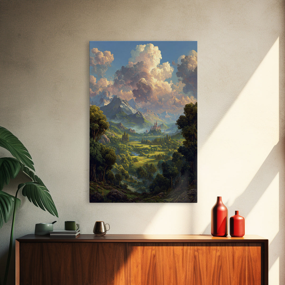 Lush Fantasy Valley With Distant Castle Wall Art, Mountain Landscape Canvas Print, Nature Decor For Living Room, Large Home Decor