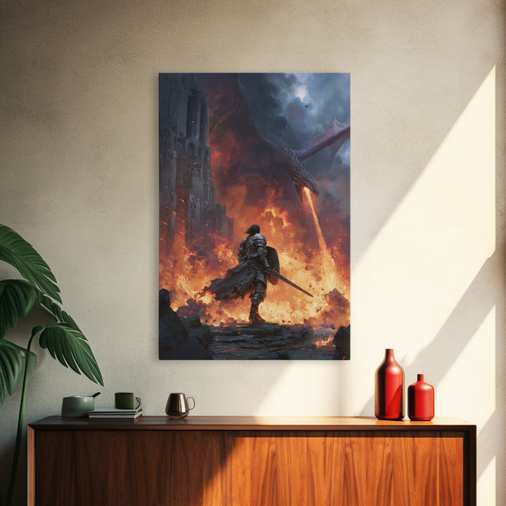 Dragon Battle Knight In Burning Castle Wall Art, Fantasy Warrior Canvas, Dark Medieval Decor, Epic Gothic Gift Print For Him