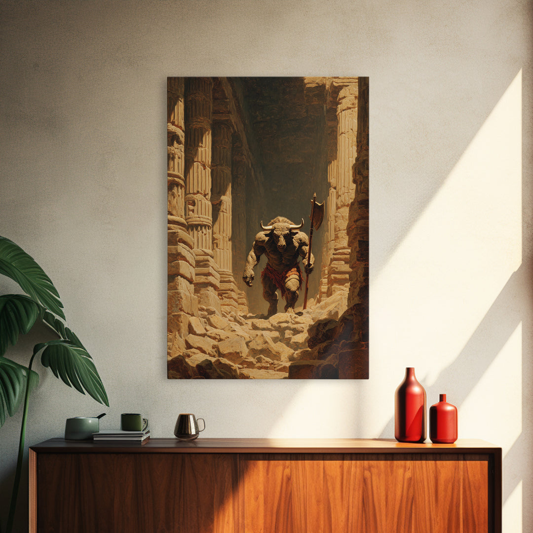 Minotaur In Ancient Ruins Framed Canvas Print, Mythological Art, Dark Fantasy Decor, Greek Myth Wall Decor Gift For Him Home Decor
