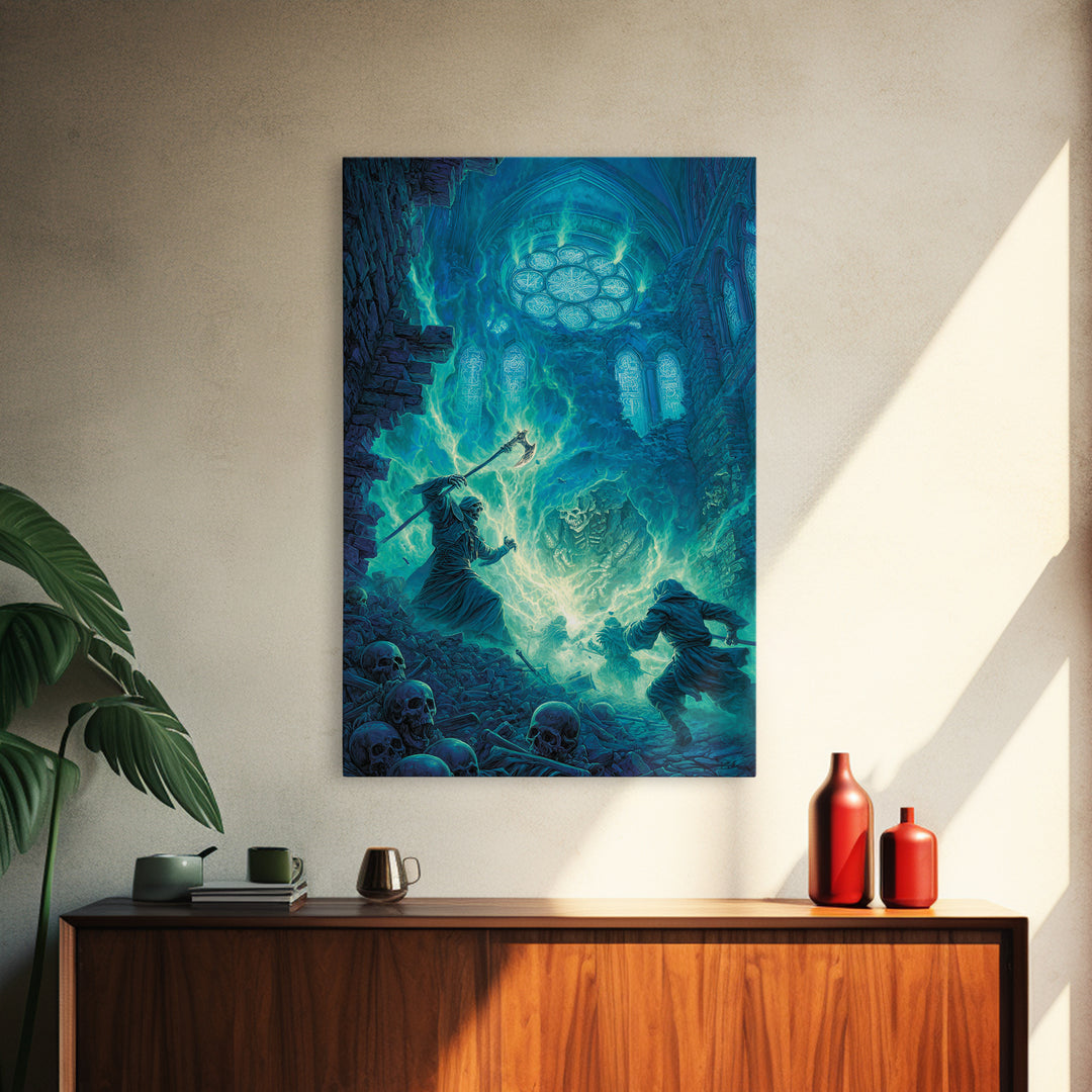 Necromancer In Haunted Cathedral Canvas Print, Dark Fantasy Wall Art, Gothic Magic Decor, Skeleton Horror Gift For Him Print