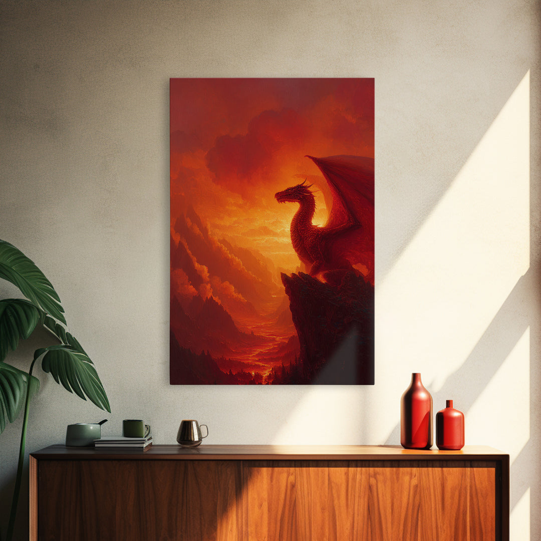 Red Dragon On Mountain Cliff Wall Art, Fantasy Landscape Canvas Print, Sunset Painting, Medieval Castle Decor Gift For Him Home Decor