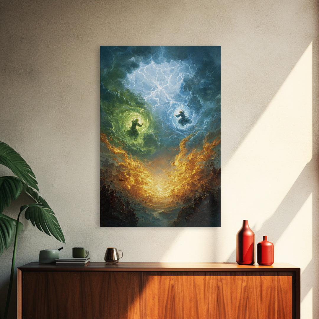 Elemental Wizards In Stormy Sky Wall Art, Fantasy Magic Canvas Print, Lightning Battle, Mystical Decor Gift For Him Home Decor