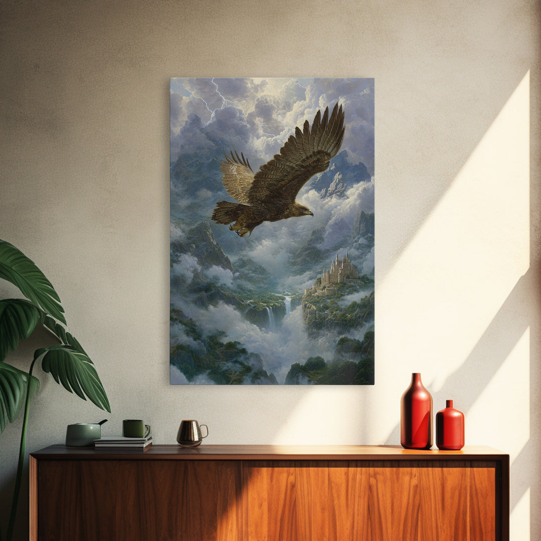 Majestic Eagle Over Misty Mountain Castle Wall Art, Wildlife Landscape Canvas Print, Fantasy Nature Decor Gift For Him Home Decor