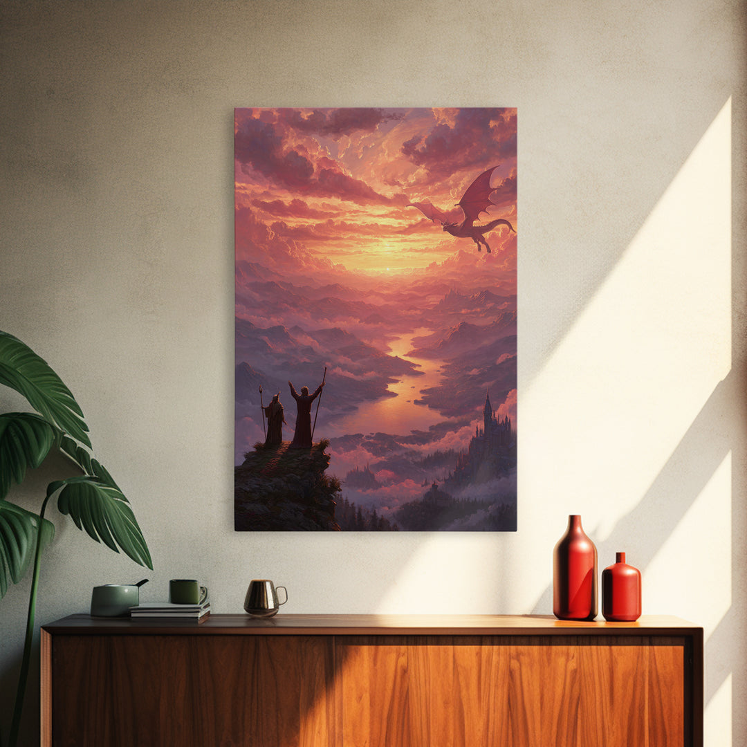 Wizards Watching Dragon Over Sunset Valley Wall Art, Fantasy Landscape Canvas Print, Magical Castle Decor Gift For Him Home Decor