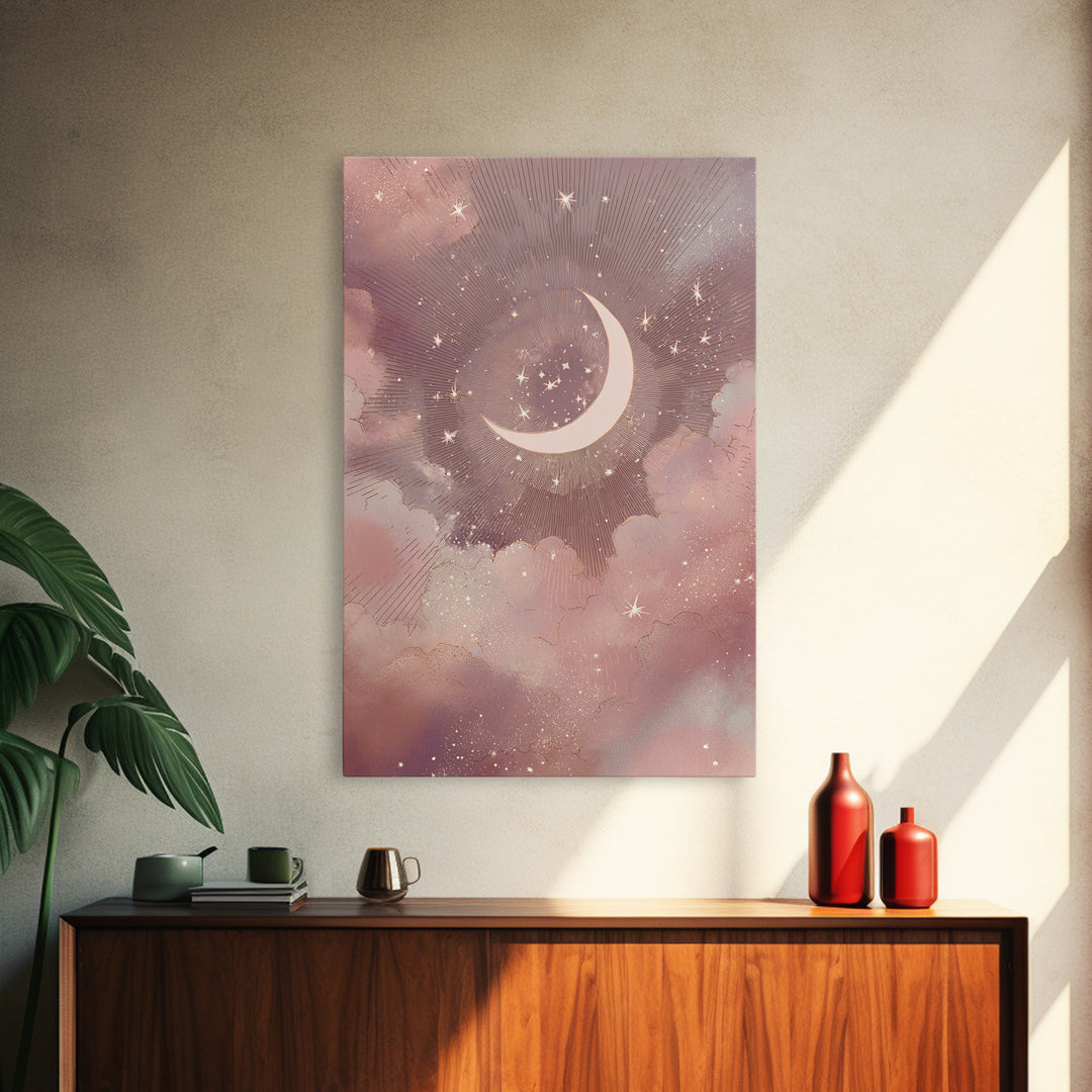 Crescent Moon And Starry Pink Clouds Wall Art, Celestial Canvas Print, Whimsigoth Bedroom Decor, Mystical Nursery Art, Gift For Her