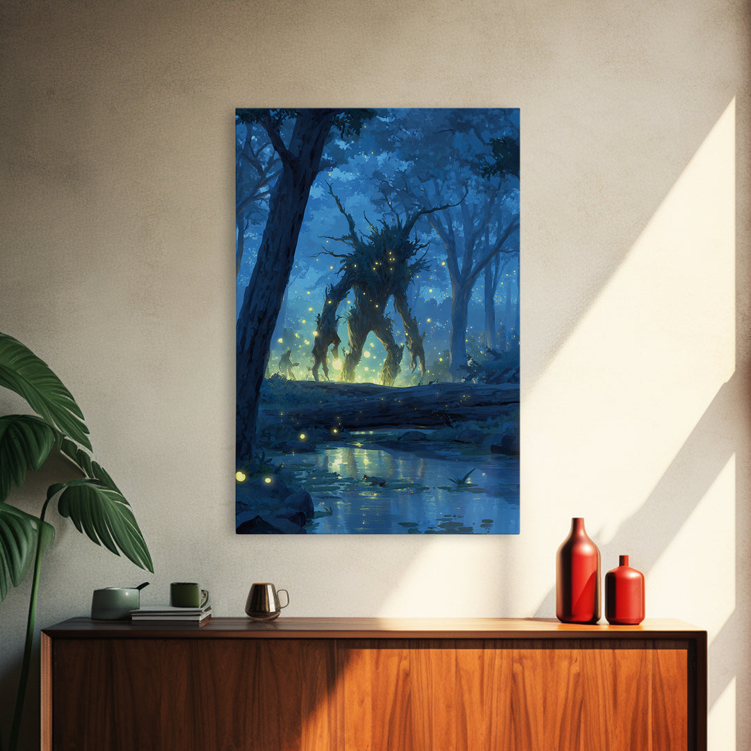 Glowing Forest Spirit At Moonlit Creek Wall Art, Fantasy Forest Canvas, Mystical Woodland Decor, Dark Fairy Tale Art Print