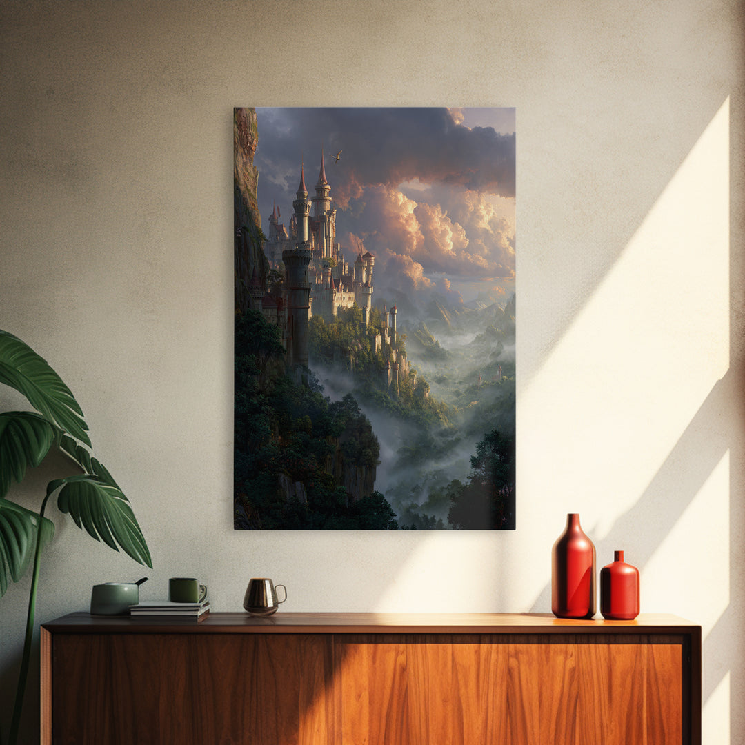 Misty Cliffside Castle Above Enchanted Valley Framed Canvas Print, Fantasy Wall Art, Medieval Landscape Home Decor, Dramatic Cloud Art
